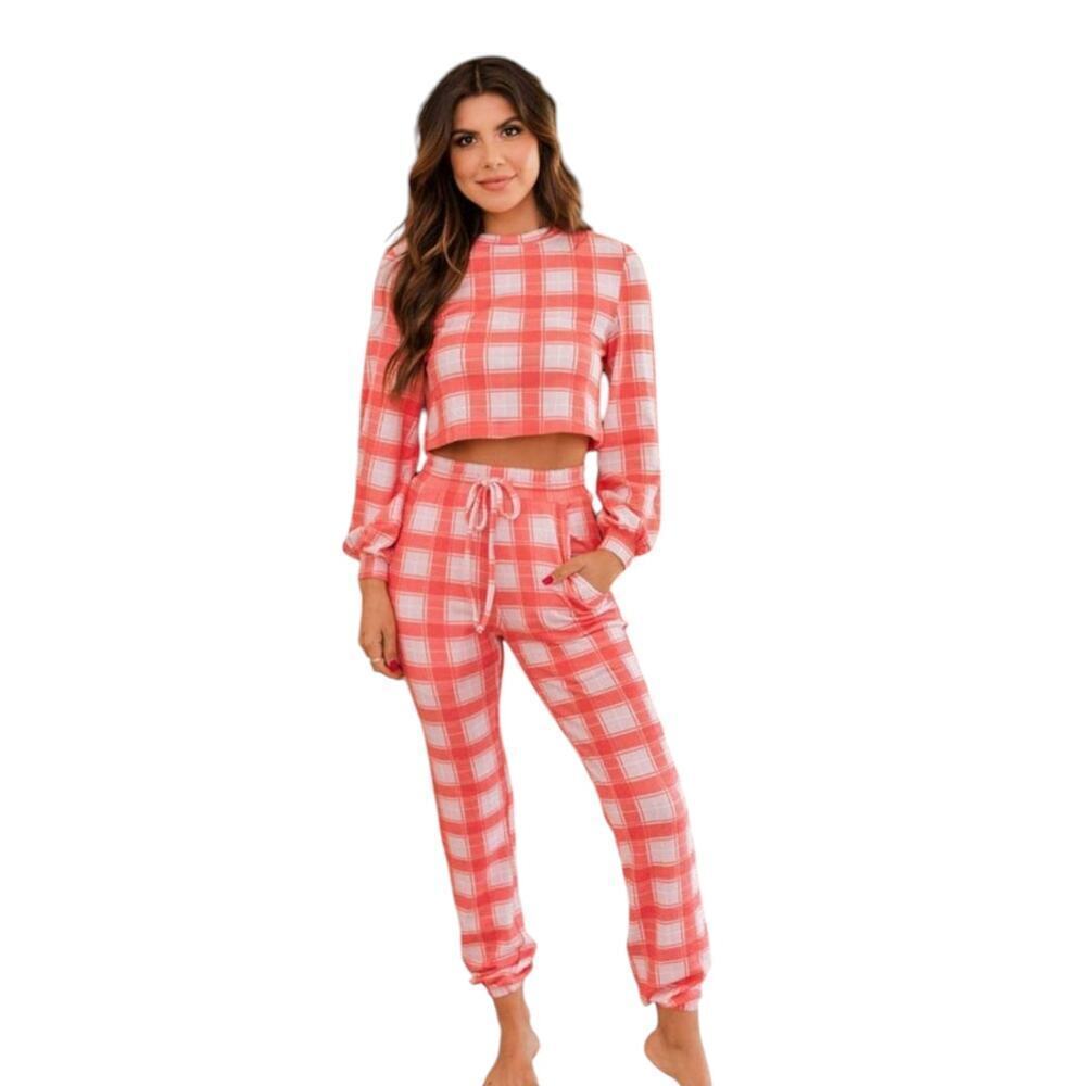 Pink Lily sz small lounge top‎ long balloon sleeve crop top pink white plaid